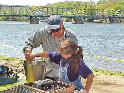 A DRBC water quality sampling demonstration on Lewis Island along the Delaware River during the annual Lambertville, N.J. Shad Festival. Photo taken by DRBC.